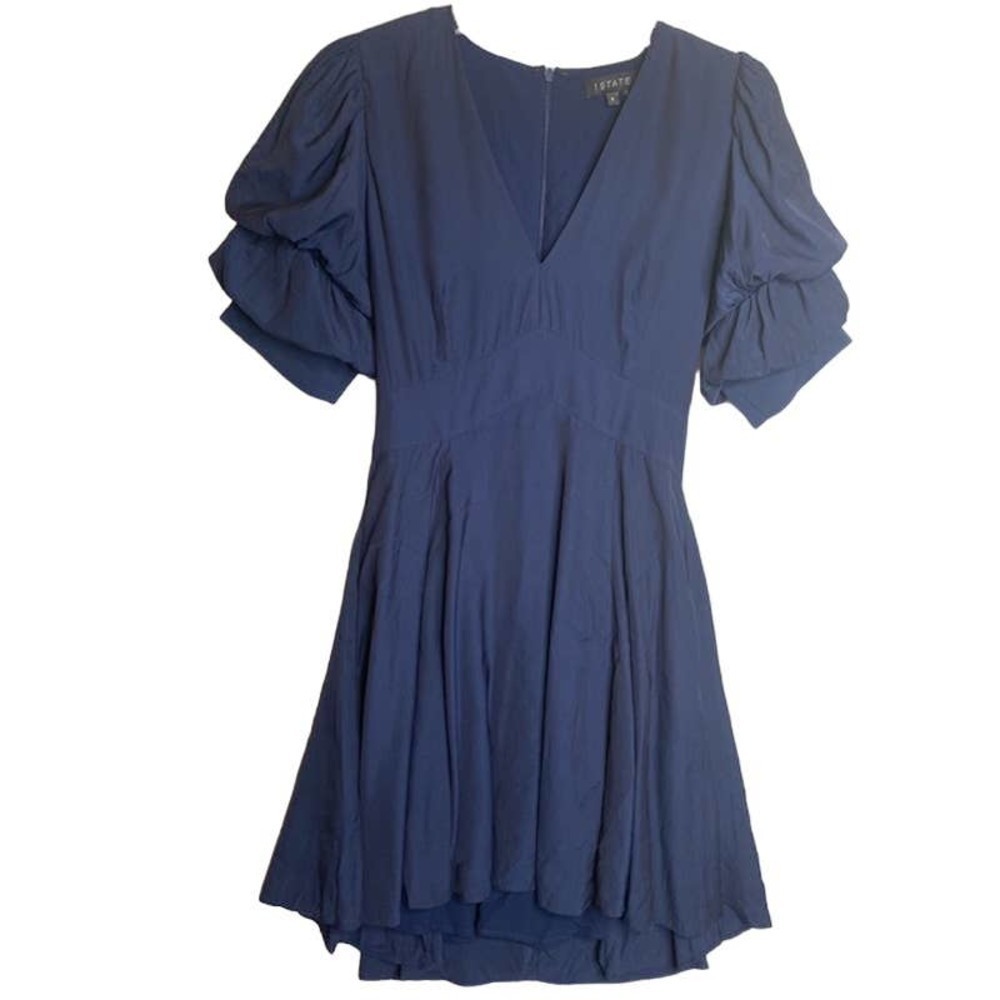 1. State Women's Short Puff Tiered Sleeve Short Dress Navy Sz Small‎